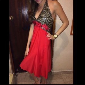 Red animal print halter midi Dress